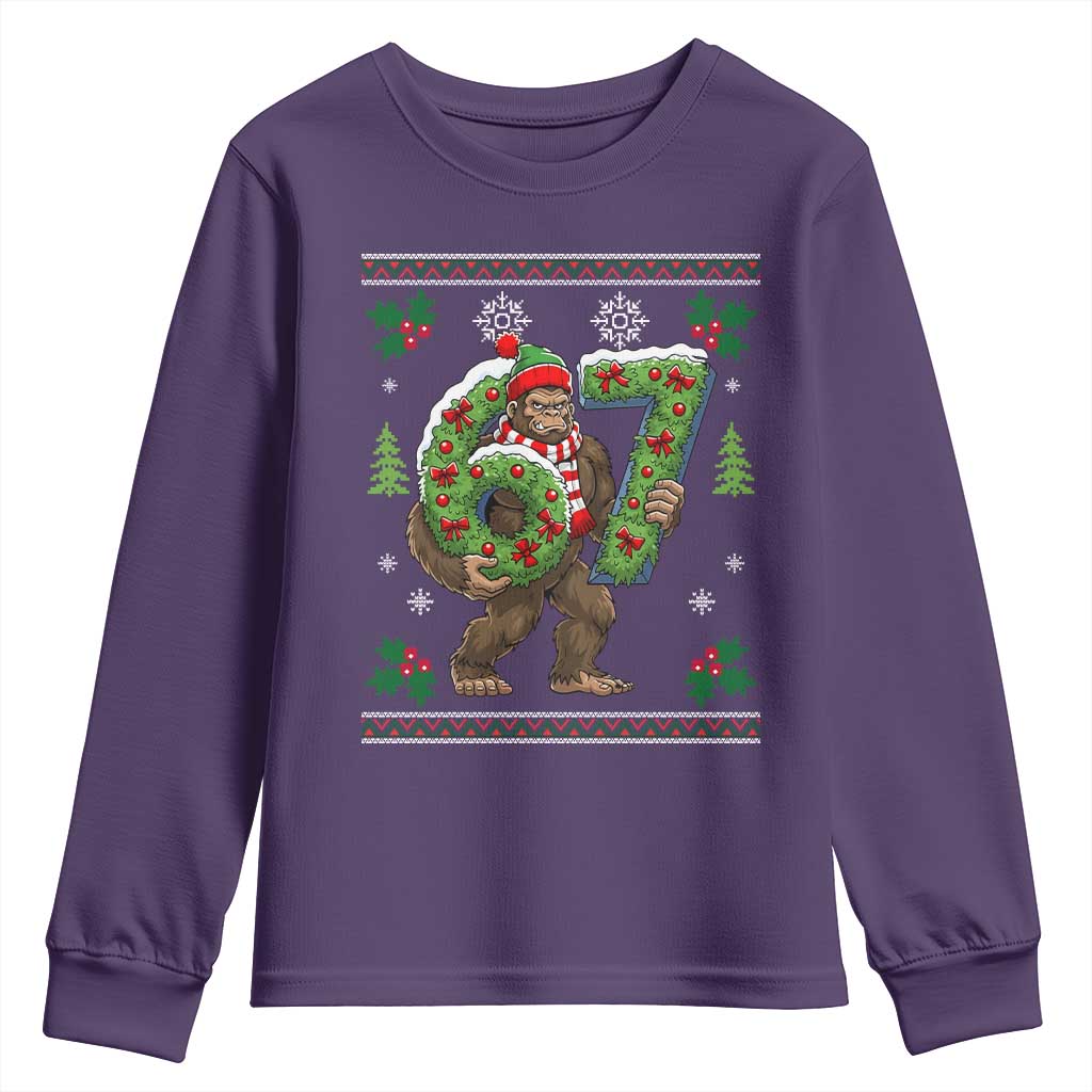 67 Meme Christmas Bigfoot Youth Sweatshirt Funny Six Seven Wreath Sasquatch Holiday Gag Gift TS02 Purple Print Your Wear