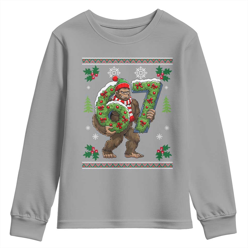 67 Meme Christmas Bigfoot Youth Sweatshirt Funny Six Seven Wreath Sasquatch Holiday Gag Gift TS02 Sport Gray Print Your Wear