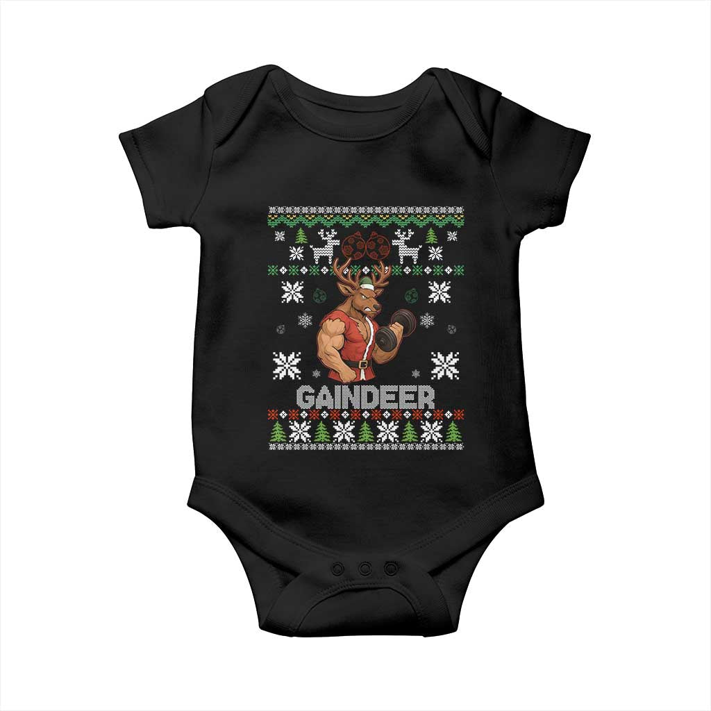Funny Christmas Workout Gaindeer Baby Onesie Muscular Reindeer Holiday Gym Humor Wordplay TS02 Black Print Your Wear
