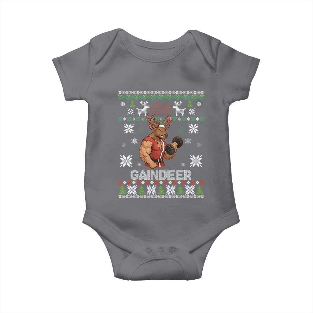 Funny Christmas Workout Gaindeer Baby Onesie Muscular Reindeer Holiday Gym Humor Wordplay TS02 Charcoal Print Your Wear