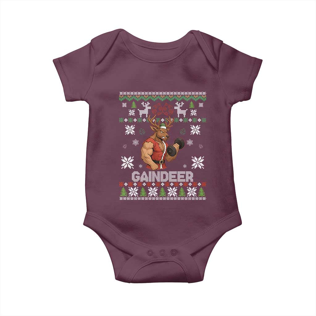 Funny Christmas Workout Gaindeer Baby Onesie Muscular Reindeer Holiday Gym Humor Wordplay TS02 Maroon Print Your Wear