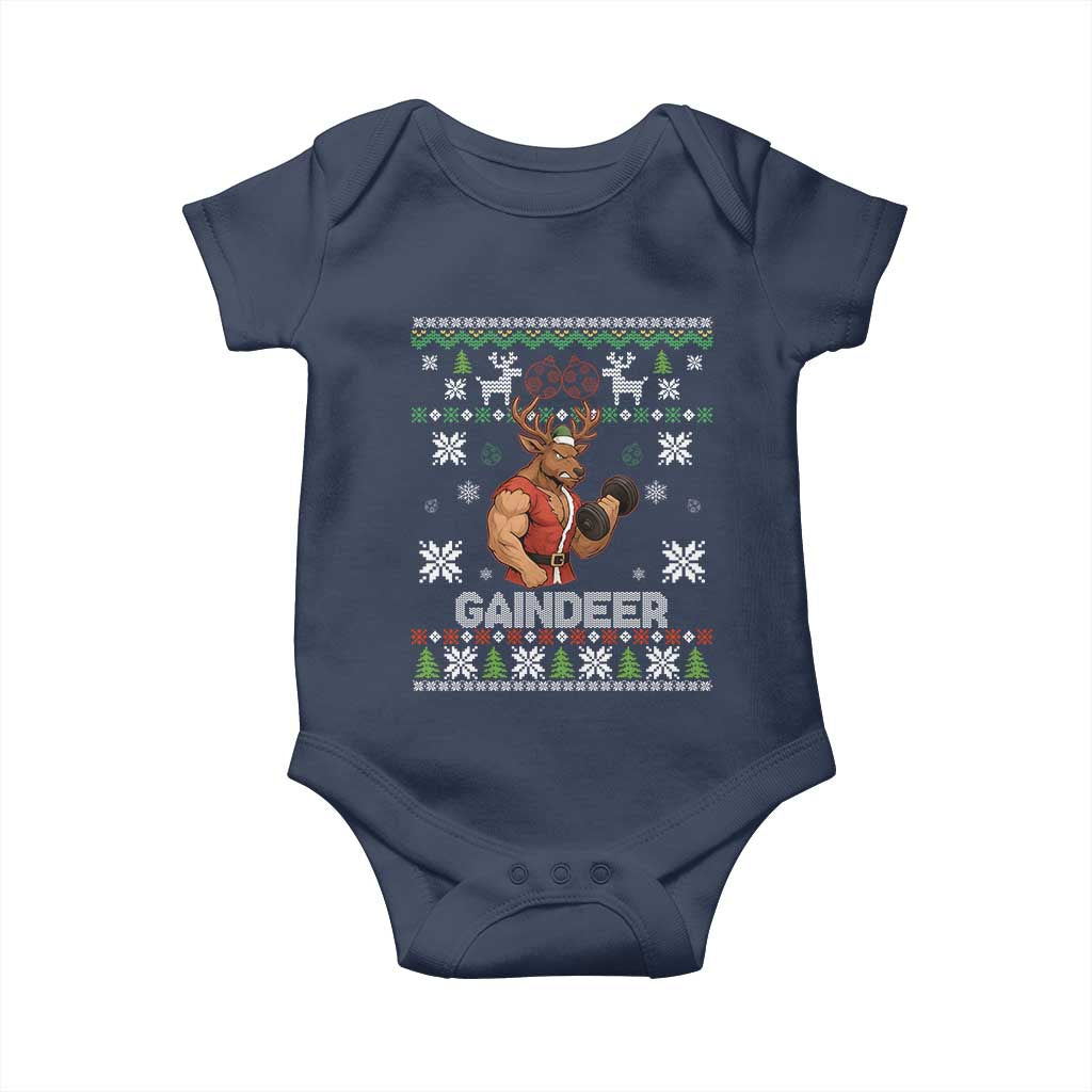 Funny Christmas Workout Gaindeer Baby Onesie Muscular Reindeer Holiday Gym Humor Wordplay TS02 Navy Print Your Wear