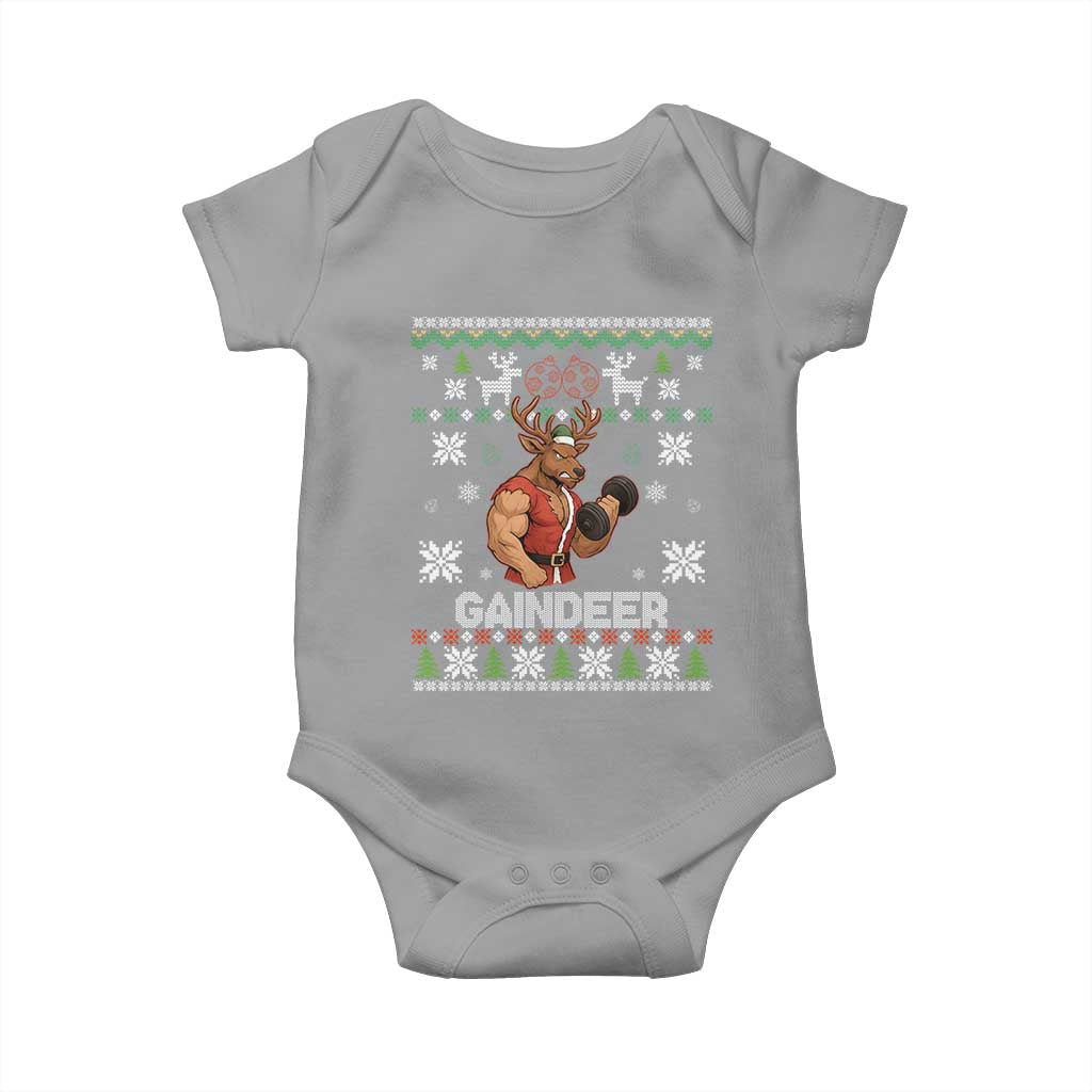 Funny Christmas Workout Gaindeer Baby Onesie Muscular Reindeer Holiday Gym Humor Wordplay TS02 Sport Gray Print Your Wear