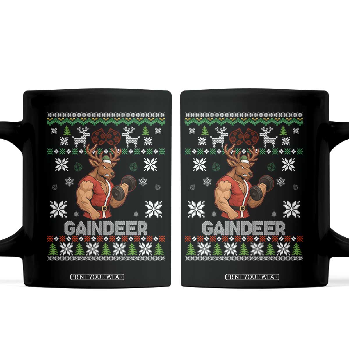 Funny Christmas Workout Gaindeer Coffee Mug Muscular Reindeer Holiday Gym Humor Wordplay TS02 Black Print Your Wear