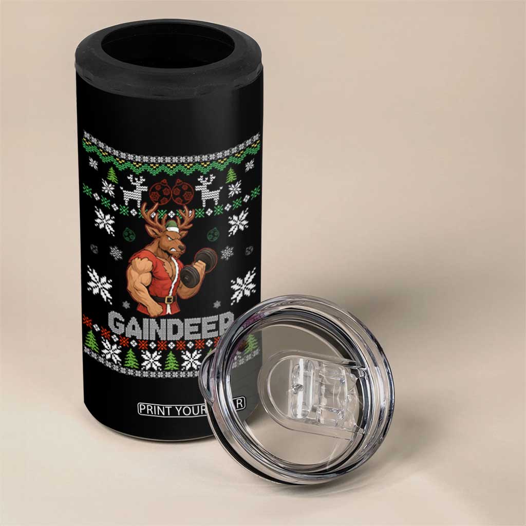 Funny Christmas Workout Gaindeer 4 in 1 Can Cooler Tumbler Muscular Reindeer Holiday Gym Humor Wordplay TS02 Print Your Wear