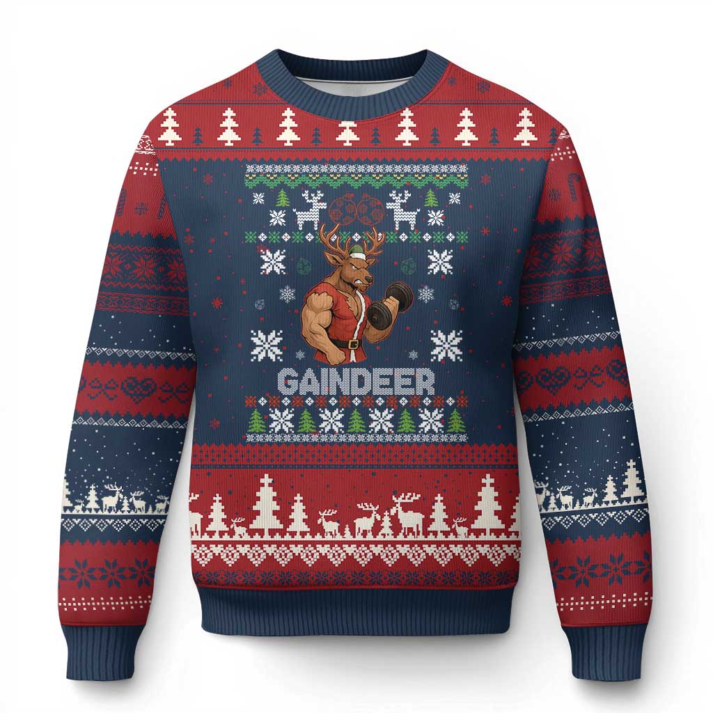 Funny Xmas Workout Gaindeer Ugly Christmas Sweater Muscular Reindeer Holiday Gym Humor Wordplay TS02 Navy Red Print Your Wear
