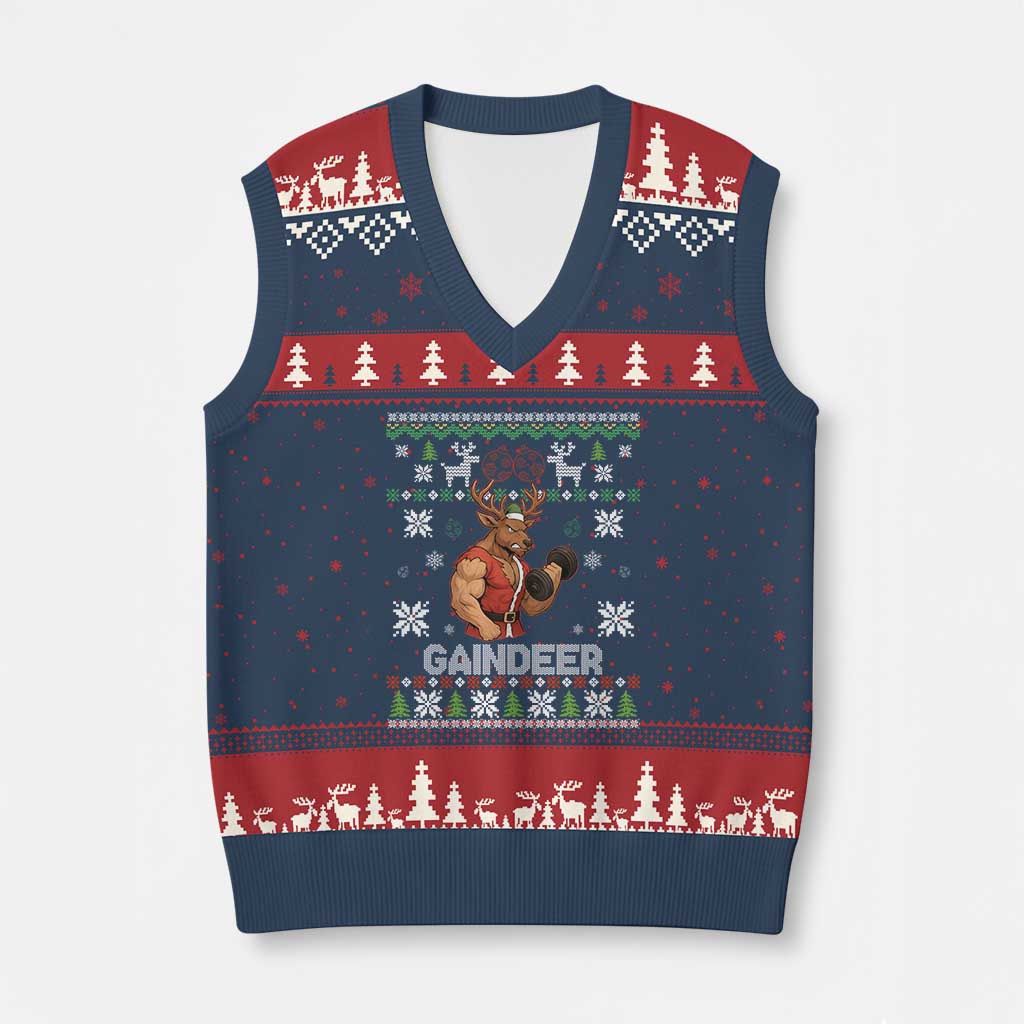 Funny Xmas Workout Gaindeer V-Neck Knit Sweater Vest Muscular Reindeer Holiday Gym Humor Wordplay TS02 Navy Red Print Your Wear