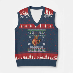 Funny Xmas Workout Gaindeer V-Neck Knit Sweater Vest Muscular Reindeer Holiday Gym Humor Wordplay TS02 Navy Red Print Your Wear