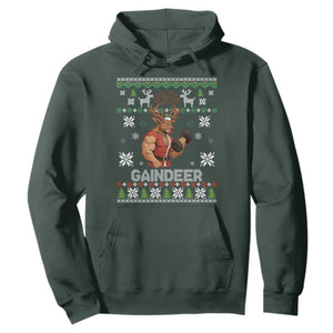 Funny Christmas Workout Gaindeer Hoodie Muscular Reindeer Holiday Gym Humor Wordplay TS02 Dark Forest Green Print Your Wear