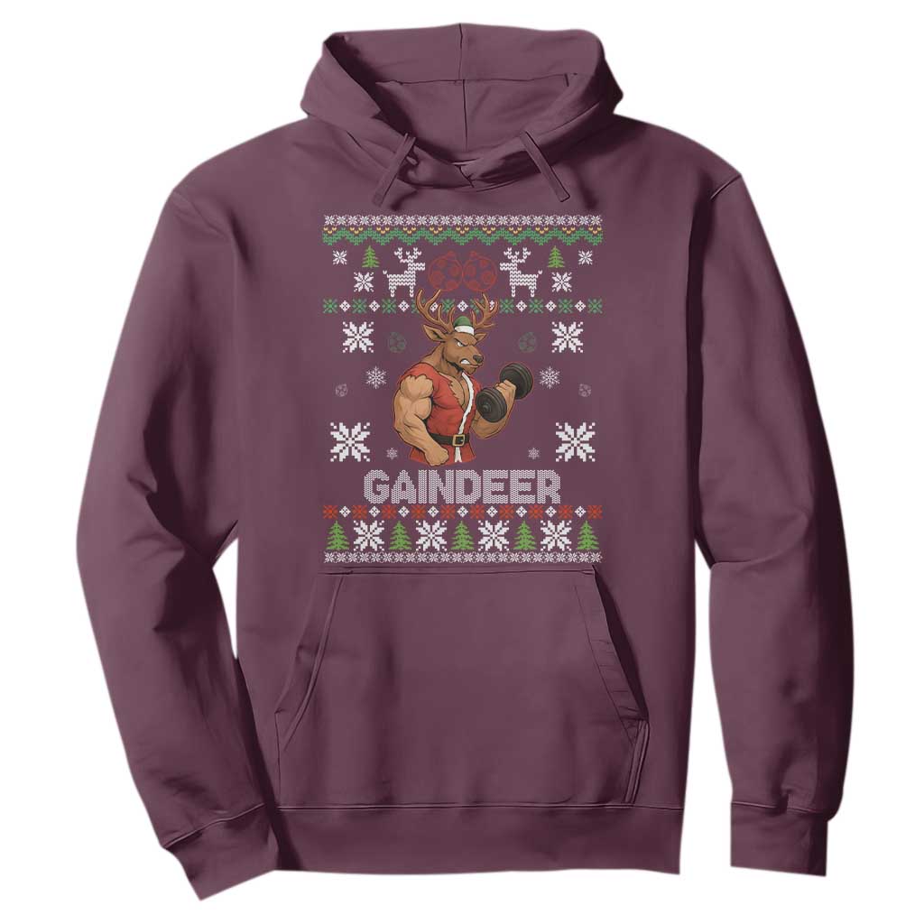 Funny Christmas Workout Gaindeer Hoodie Muscular Reindeer Holiday Gym Humor Wordplay TS02 Maroon Print Your Wear