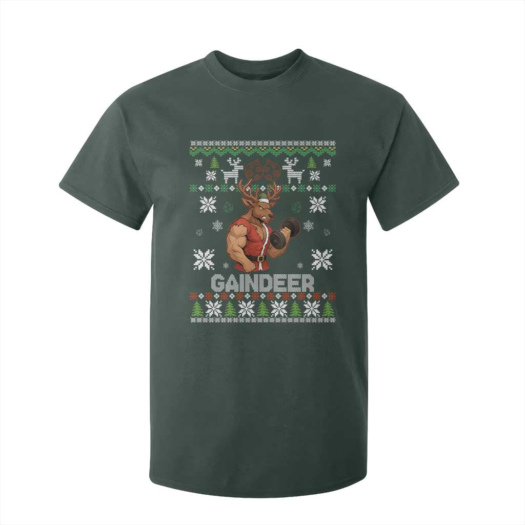 Funny Christmas Workout Gaindeer T Shirt For Kid Muscular Reindeer Holiday Gym Humor Wordplay TS02 Dark Forest Green Print Your Wear