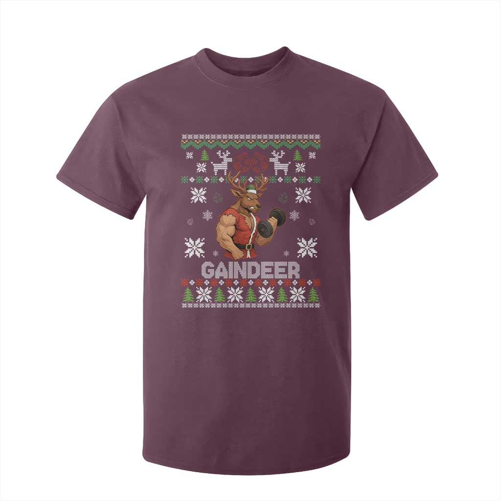 Funny Christmas Workout Gaindeer T Shirt For Kid Muscular Reindeer Holiday Gym Humor Wordplay TS02 Maroon Print Your Wear