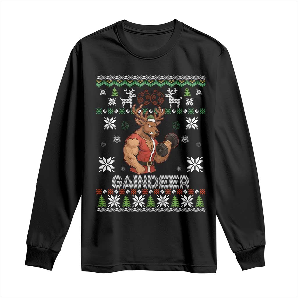 Funny Christmas Workout Gaindeer Long Sleeve Shirt Muscular Reindeer Holiday Gym Humor Wordplay TS02 Black Print Your Wear