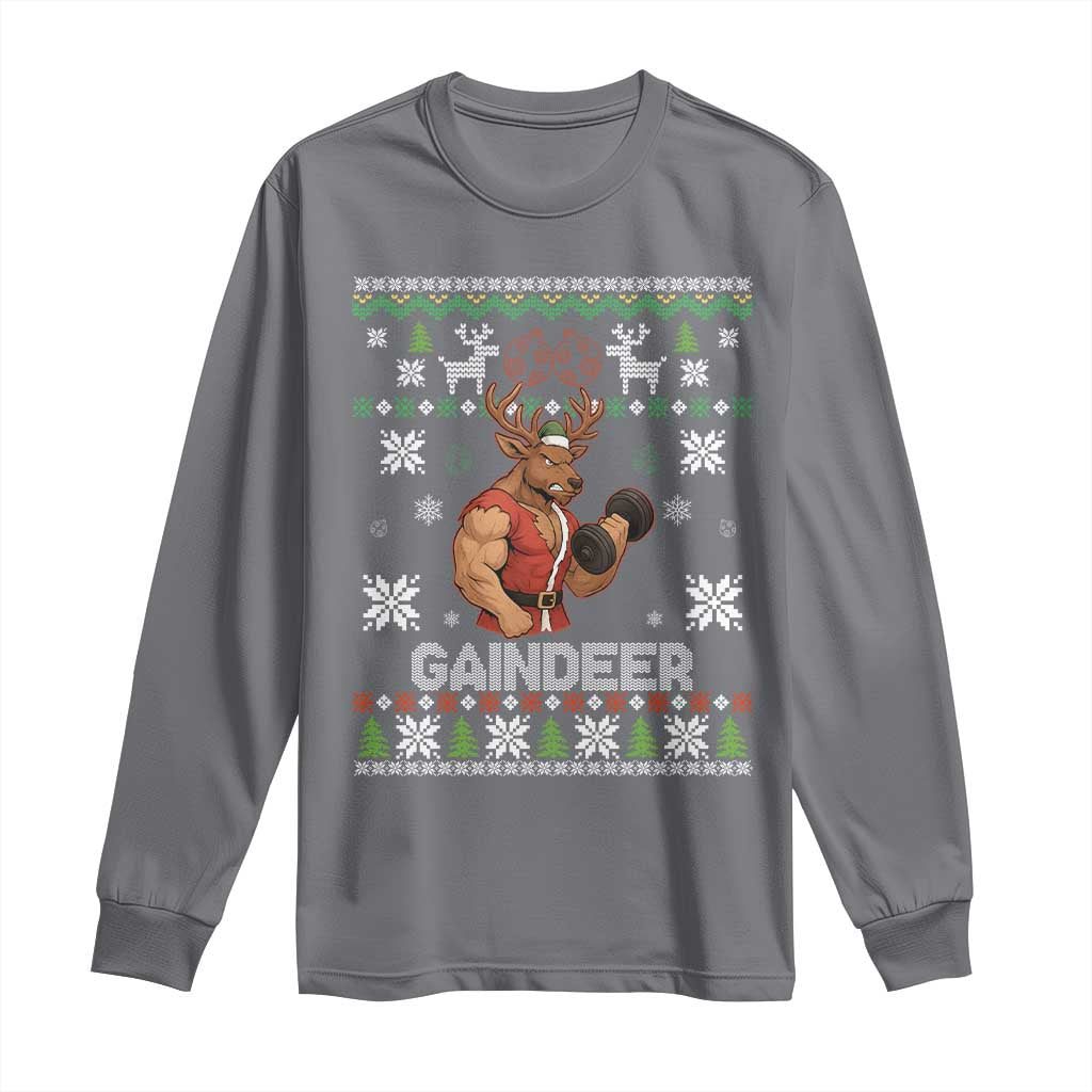 Funny Christmas Workout Gaindeer Long Sleeve Shirt Muscular Reindeer Holiday Gym Humor Wordplay TS02 Charcoal Print Your Wear