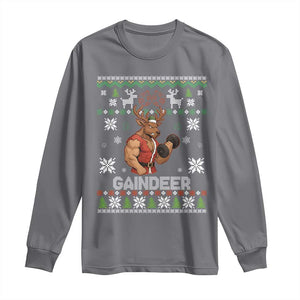 Funny Christmas Workout Gaindeer Long Sleeve Shirt Muscular Reindeer Holiday Gym Humor Wordplay TS02 Charcoal Print Your Wear