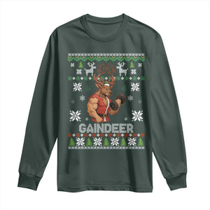 Funny Christmas Workout Gaindeer Long Sleeve Shirt Muscular Reindeer Holiday Gym Humor Wordplay TS02 Dark Forest Green Print Your Wear