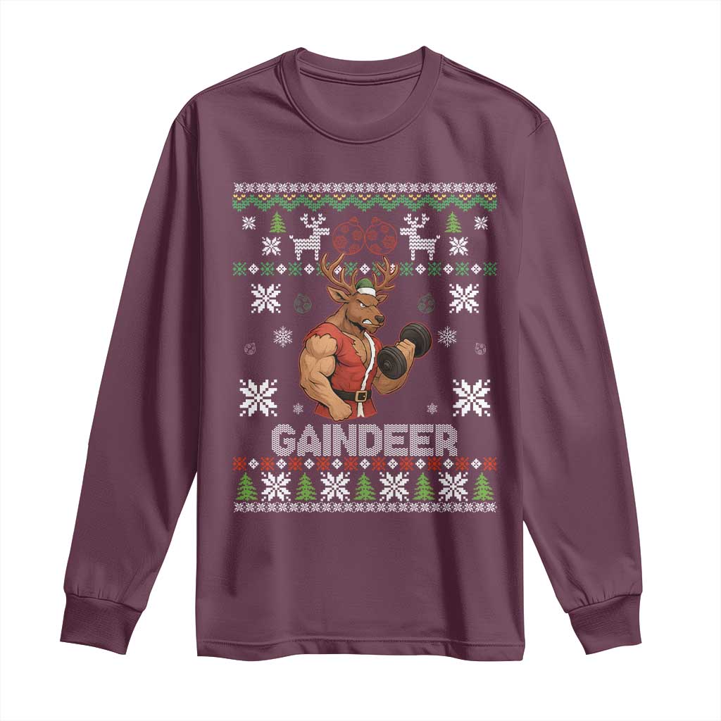 Funny Christmas Workout Gaindeer Long Sleeve Shirt Muscular Reindeer Holiday Gym Humor Wordplay TS02 Maroon Print Your Wear