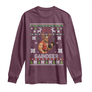 Funny Christmas Workout Gaindeer Long Sleeve Shirt Muscular Reindeer Holiday Gym Humor Wordplay TS02 Maroon Print Your Wear