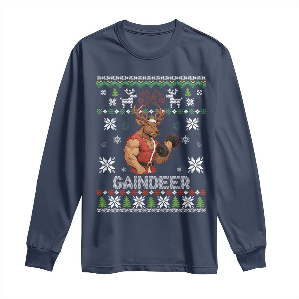 Funny Christmas Workout Gaindeer Long Sleeve Shirt Muscular Reindeer Holiday Gym Humor Wordplay TS02 Navy Print Your Wear