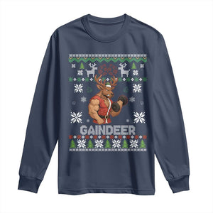 Funny Christmas Workout Gaindeer Long Sleeve Shirt Muscular Reindeer Holiday Gym Humor Wordplay TS02 Navy Print Your Wear