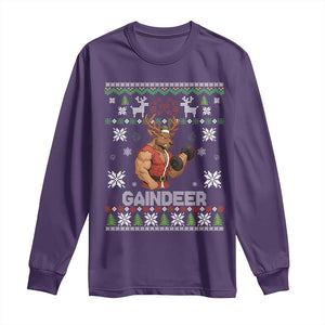 Funny Christmas Workout Gaindeer Long Sleeve Shirt Muscular Reindeer Holiday Gym Humor Wordplay TS02 Purple Print Your Wear
