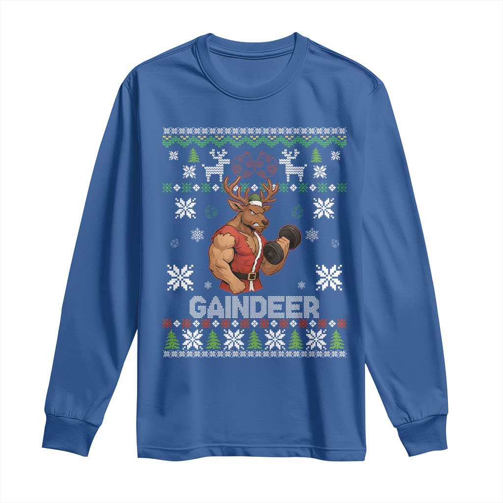 Funny Christmas Workout Gaindeer Long Sleeve Shirt Muscular Reindeer Holiday Gym Humor Wordplay TS02 Royal Blue Print Your Wear