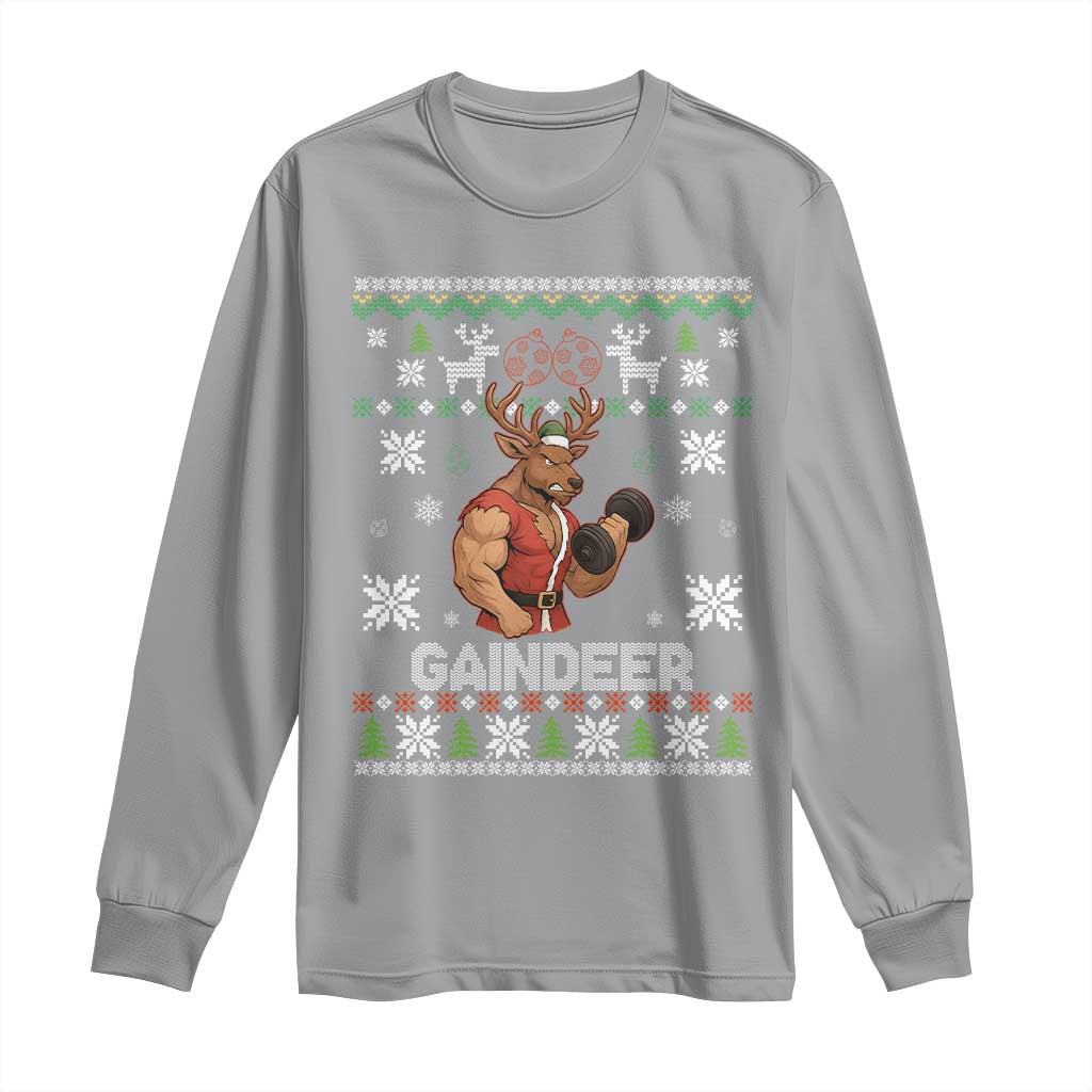 Funny Christmas Workout Gaindeer Long Sleeve Shirt Muscular Reindeer Holiday Gym Humor Wordplay TS02 Sport Gray Print Your Wear