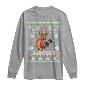 Funny Christmas Workout Gaindeer Long Sleeve Shirt Muscular Reindeer Holiday Gym Humor Wordplay TS02 Sport Gray Print Your Wear