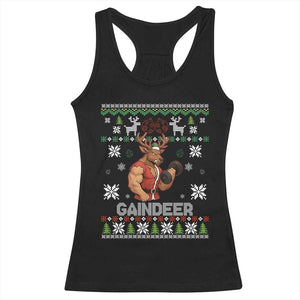 Funny Christmas Workout Gaindeer Racerback Tank Top Muscular Reindeer Holiday Gym Humor Wordplay TS02 Black Print Your Wear