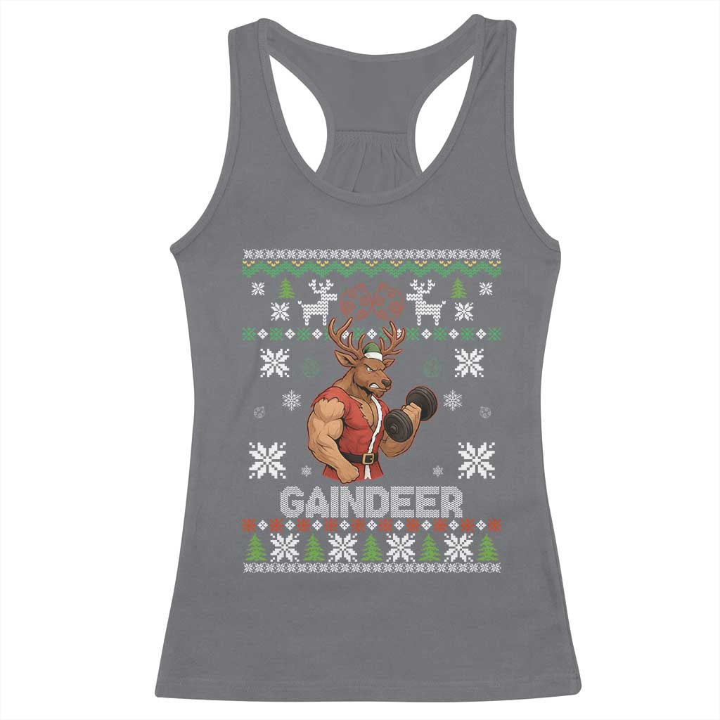 Funny Christmas Workout Gaindeer Racerback Tank Top Muscular Reindeer Holiday Gym Humor Wordplay TS02 Charcoal Print Your Wear