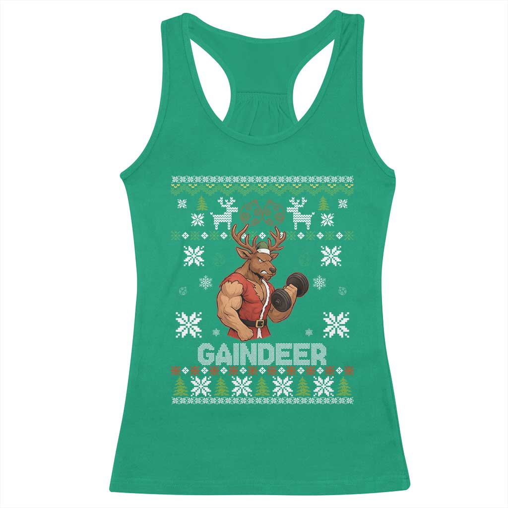 Funny Christmas Workout Gaindeer Racerback Tank Top Muscular Reindeer Holiday Gym Humor Wordplay TS02 Irish Green Print Your Wear