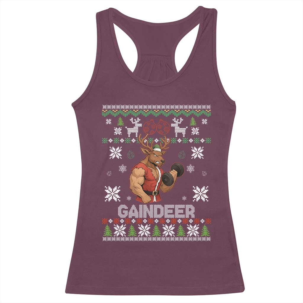 Funny Christmas Workout Gaindeer Racerback Tank Top Muscular Reindeer Holiday Gym Humor Wordplay TS02 Maroon Print Your Wear