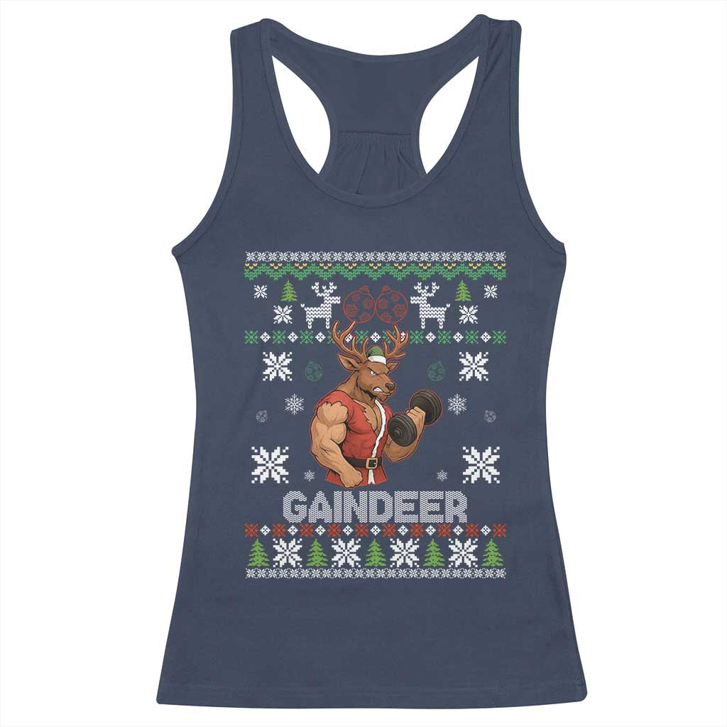Funny Christmas Workout Gaindeer Racerback Tank Top Muscular Reindeer Holiday Gym Humor Wordplay TS02 Navy Print Your Wear
