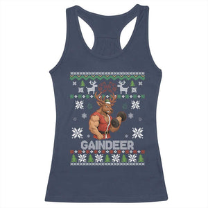 Funny Christmas Workout Gaindeer Racerback Tank Top Muscular Reindeer Holiday Gym Humor Wordplay TS02 Navy Print Your Wear