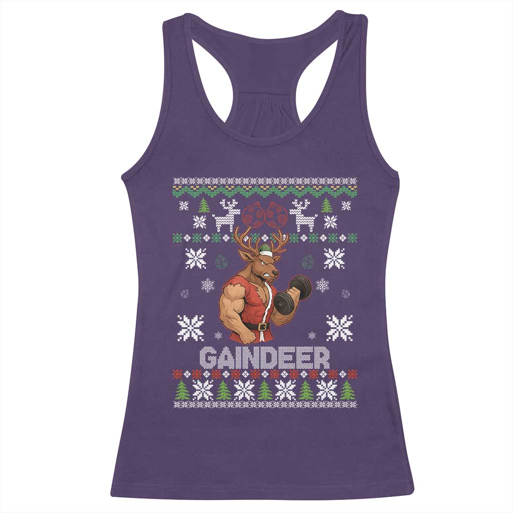Funny Christmas Workout Gaindeer Racerback Tank Top Muscular Reindeer Holiday Gym Humor Wordplay TS02 Purple Print Your Wear