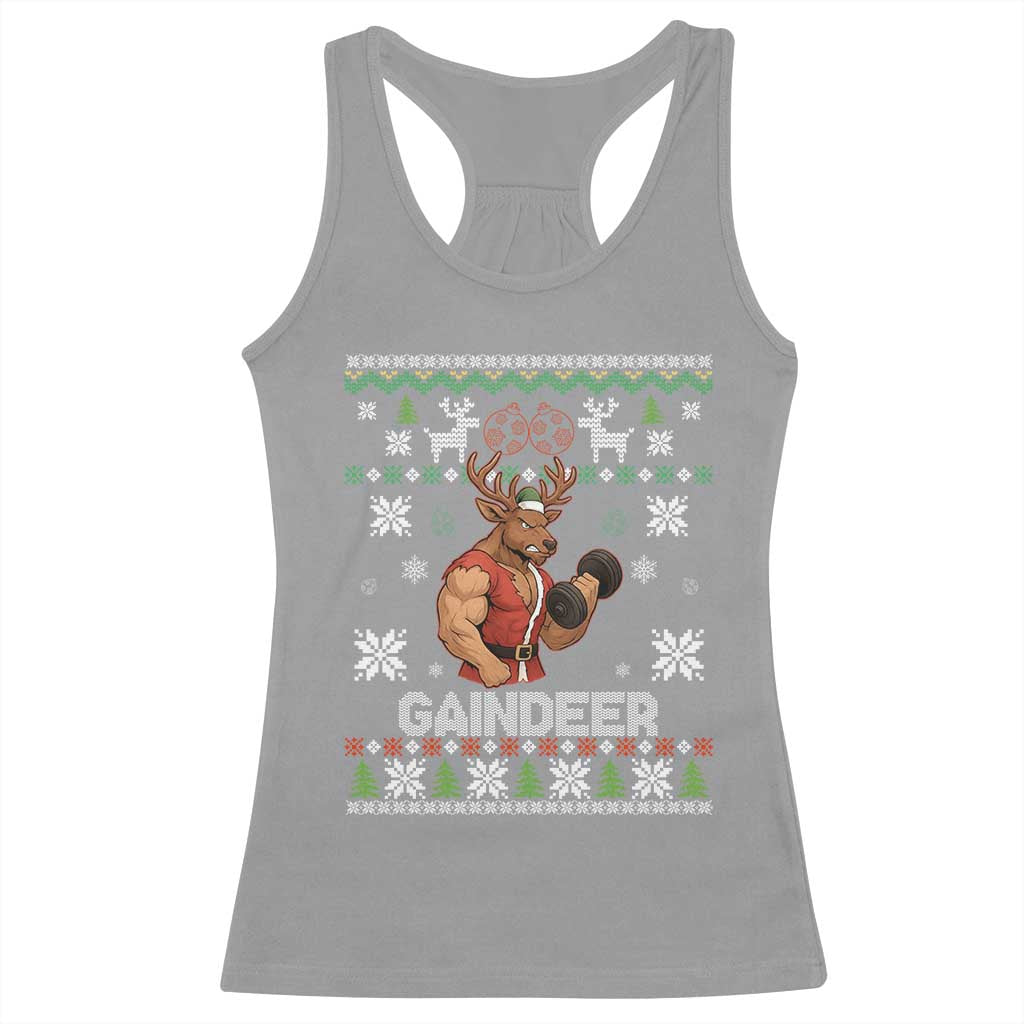 Funny Christmas Workout Gaindeer Racerback Tank Top Muscular Reindeer Holiday Gym Humor Wordplay TS02 Sport Gray Print Your Wear