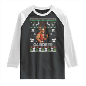 Funny Christmas Workout Gaindeer Raglan Shirt Muscular Reindeer Holiday Gym Humor Wordplay TS02 Black White Print Your Wear