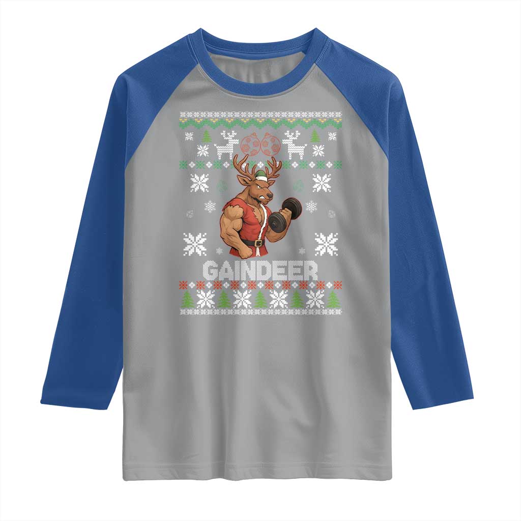 Funny Christmas Workout Gaindeer Raglan Shirt Muscular Reindeer Holiday Gym Humor Wordplay TS02 Sport Gray Royal Print Your Wear