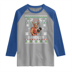 Funny Christmas Workout Gaindeer Raglan Shirt Muscular Reindeer Holiday Gym Humor Wordplay TS02 Sport Gray Royal Print Your Wear