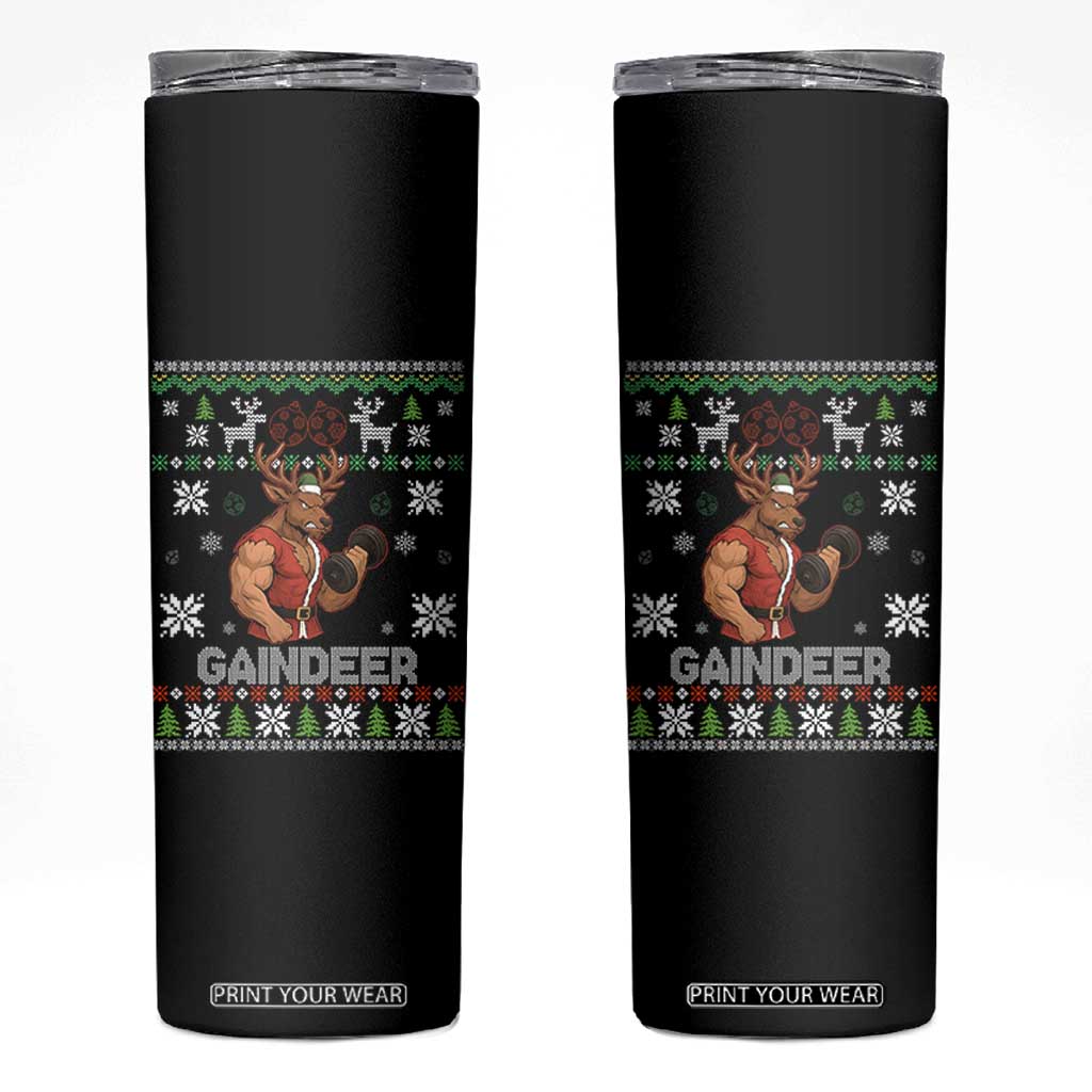 Funny Christmas Workout Gaindeer Skinny Tumbler Muscular Reindeer Holiday Gym Humor Wordplay TS02 Black Print Your Wear
