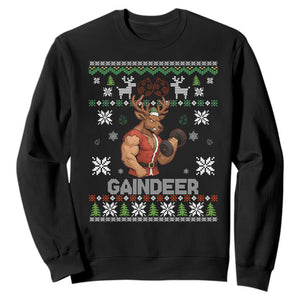 Funny Christmas Workout Gaindeer Sweatshirt Muscular Reindeer Holiday Gym Humor Wordplay TS02 Black Print Your Wear