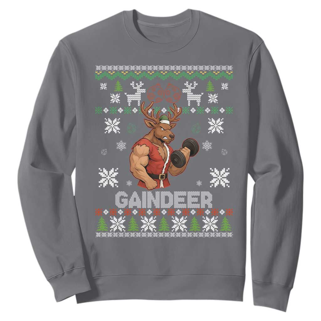 Funny Christmas Workout Gaindeer Sweatshirt Muscular Reindeer Holiday Gym Humor Wordplay TS02 Charcoal Print Your Wear