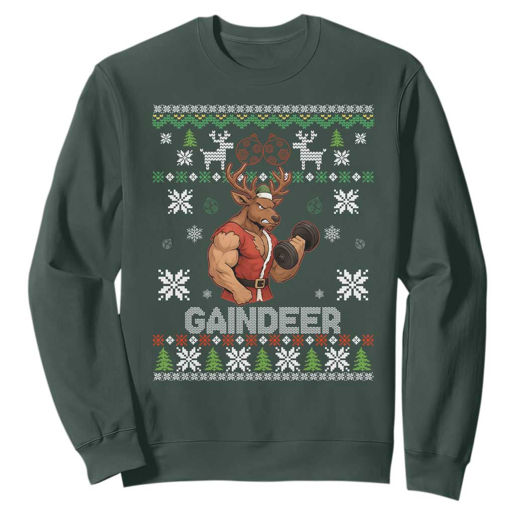 Funny Christmas Workout Gaindeer Sweatshirt Muscular Reindeer Holiday Gym Humor Wordplay TS02 Dark Forest Green Print Your Wear