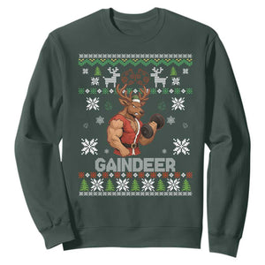 Funny Christmas Workout Gaindeer Sweatshirt Muscular Reindeer Holiday Gym Humor Wordplay TS02 Dark Forest Green Print Your Wear