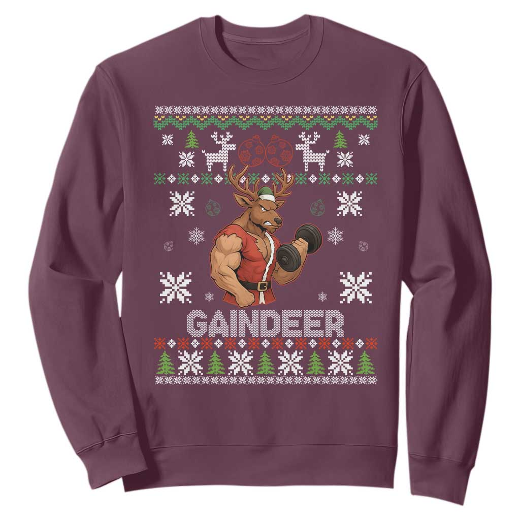 Funny Christmas Workout Gaindeer Sweatshirt Muscular Reindeer Holiday Gym Humor Wordplay TS02 Maroon Print Your Wear