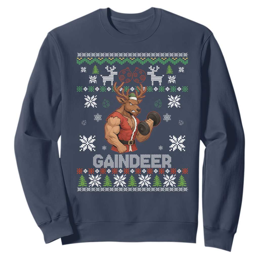 Funny Christmas Workout Gaindeer Sweatshirt Muscular Reindeer Holiday Gym Humor Wordplay TS02 Navy Print Your Wear