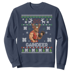 Funny Christmas Workout Gaindeer Sweatshirt Muscular Reindeer Holiday Gym Humor Wordplay TS02 Navy Print Your Wear