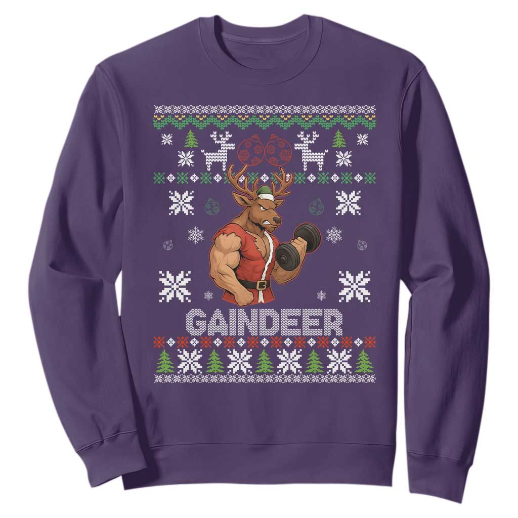 Funny Christmas Workout Gaindeer Sweatshirt Muscular Reindeer Holiday Gym Humor Wordplay TS02 Purple Print Your Wear