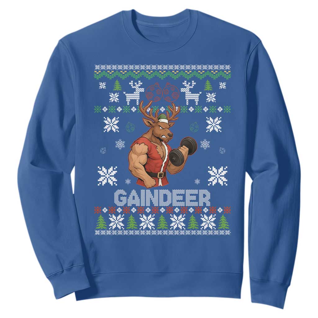 Funny Christmas Workout Gaindeer Sweatshirt Muscular Reindeer Holiday Gym Humor Wordplay TS02 Royal Blue Print Your Wear