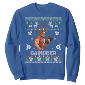 Funny Christmas Workout Gaindeer Sweatshirt Muscular Reindeer Holiday Gym Humor Wordplay TS02 Royal Blue Print Your Wear